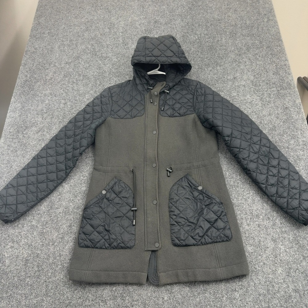 LL Bean Jacket Womens S Gray Wool Quilted Thinsulate Hooded Parka Outdoor Casual